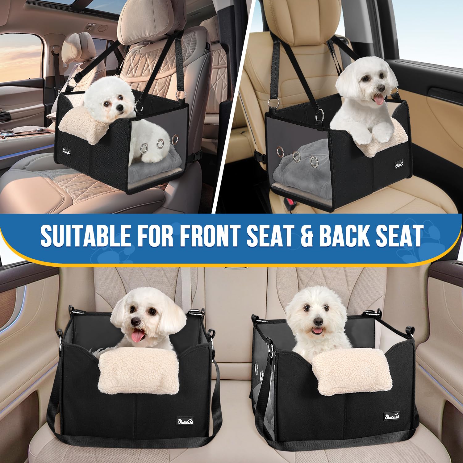 SlowTon dog car seat in-use during car travel showing safe, comfortable setup.