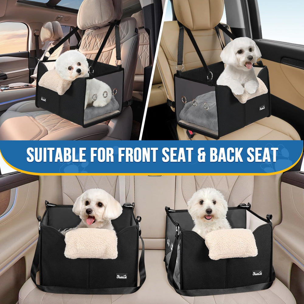 SlowTon dog car seat in-use during car travel showing safe, comfortable setup.