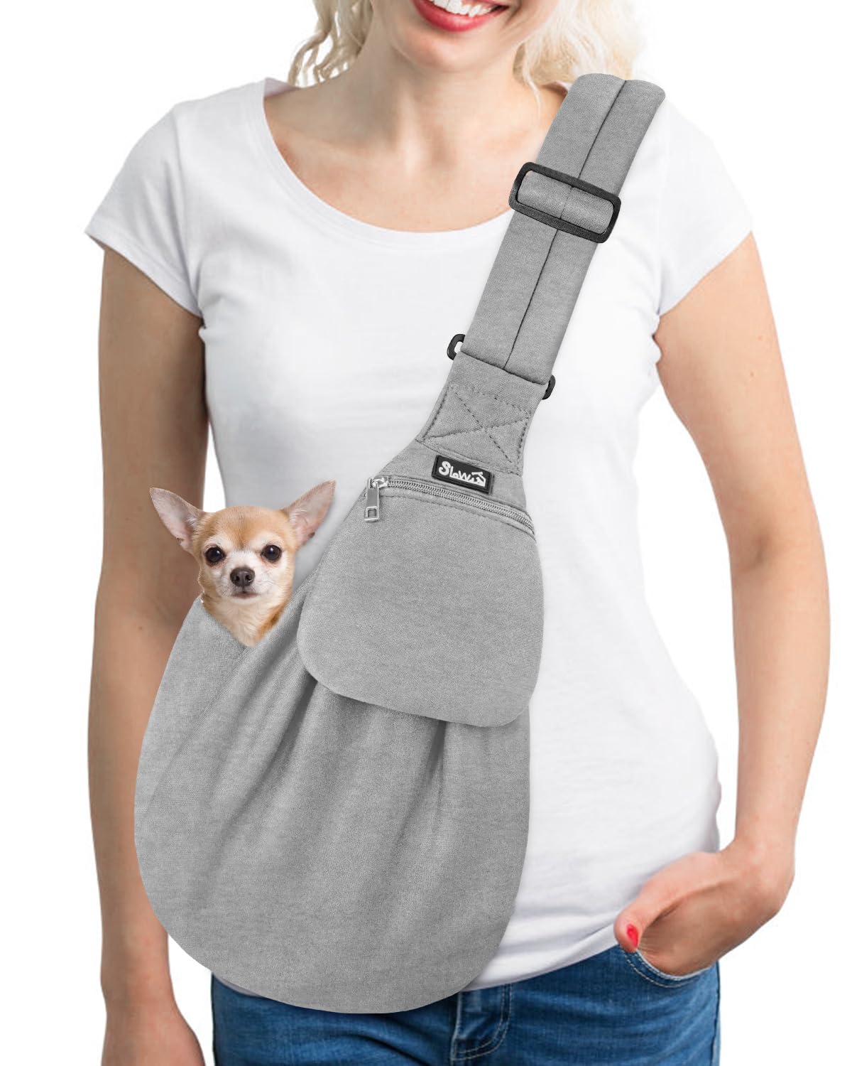 SlowTon Dog Carrier Sling front view shows compact, hands-free design for city strolls with small dogs