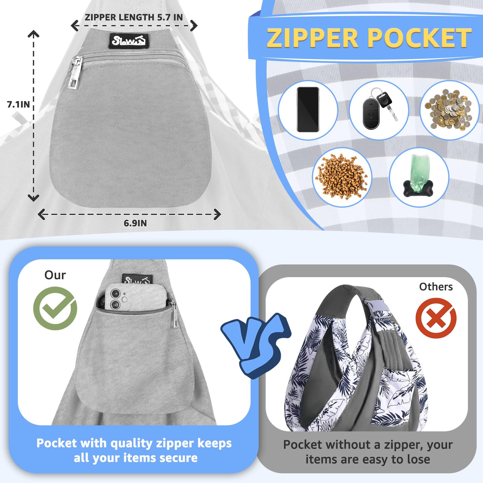 SlowTon Dog Carrier Sling safety-hook attachment demonstrates secure pet attachment during activities