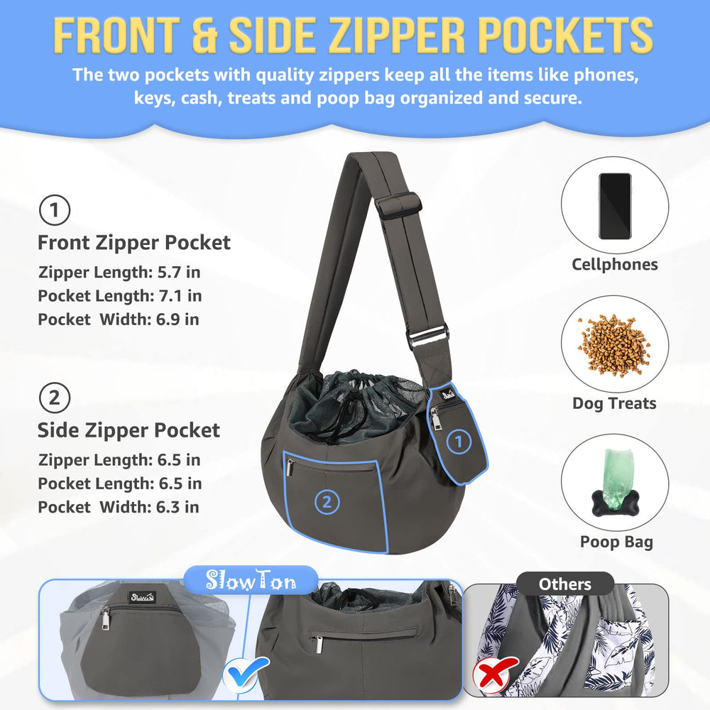 Safety hook on SlowTon dog carrier sling prevents pet from slipping out