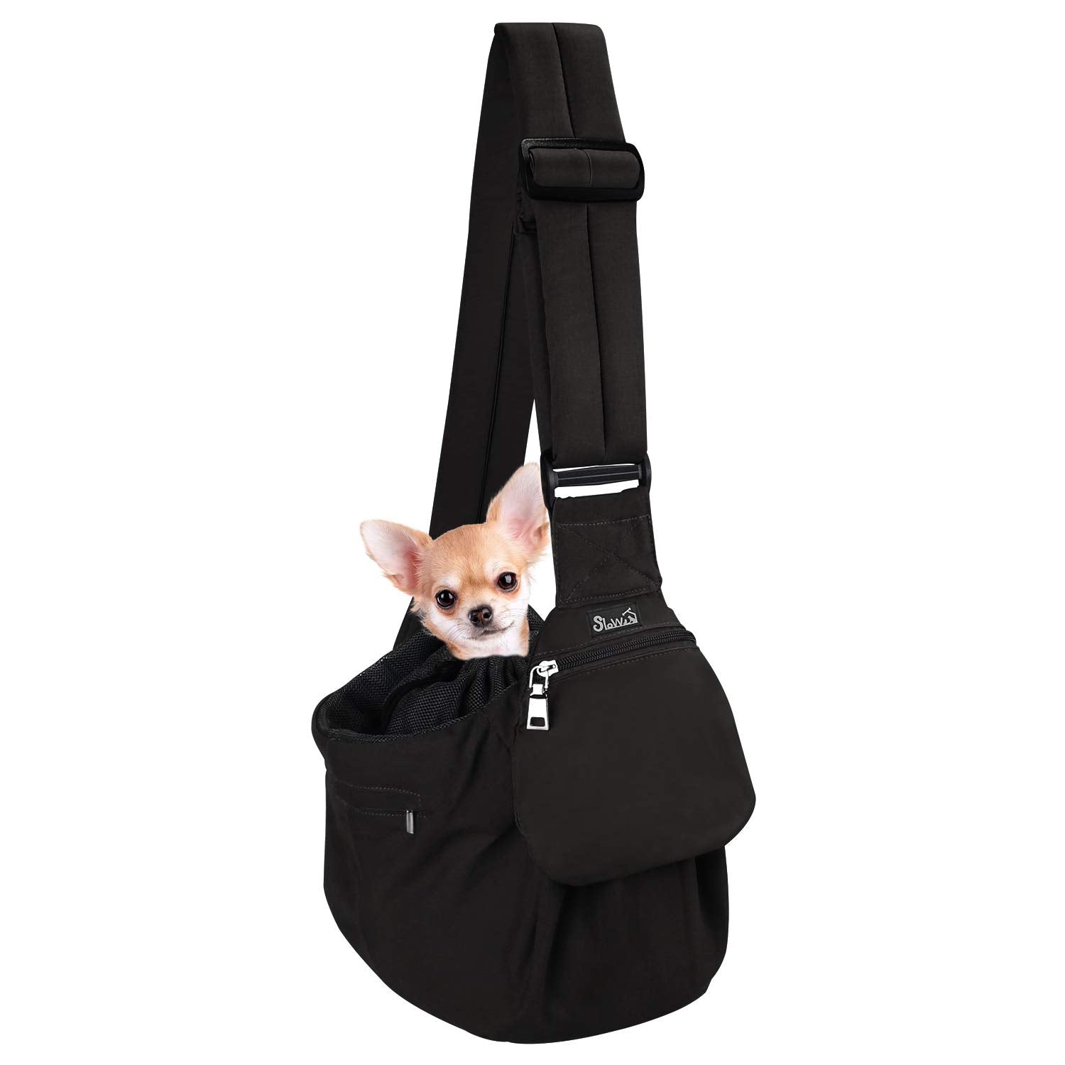 SlowTon dog carrier sling side view showing padded strap for comfortable carry.