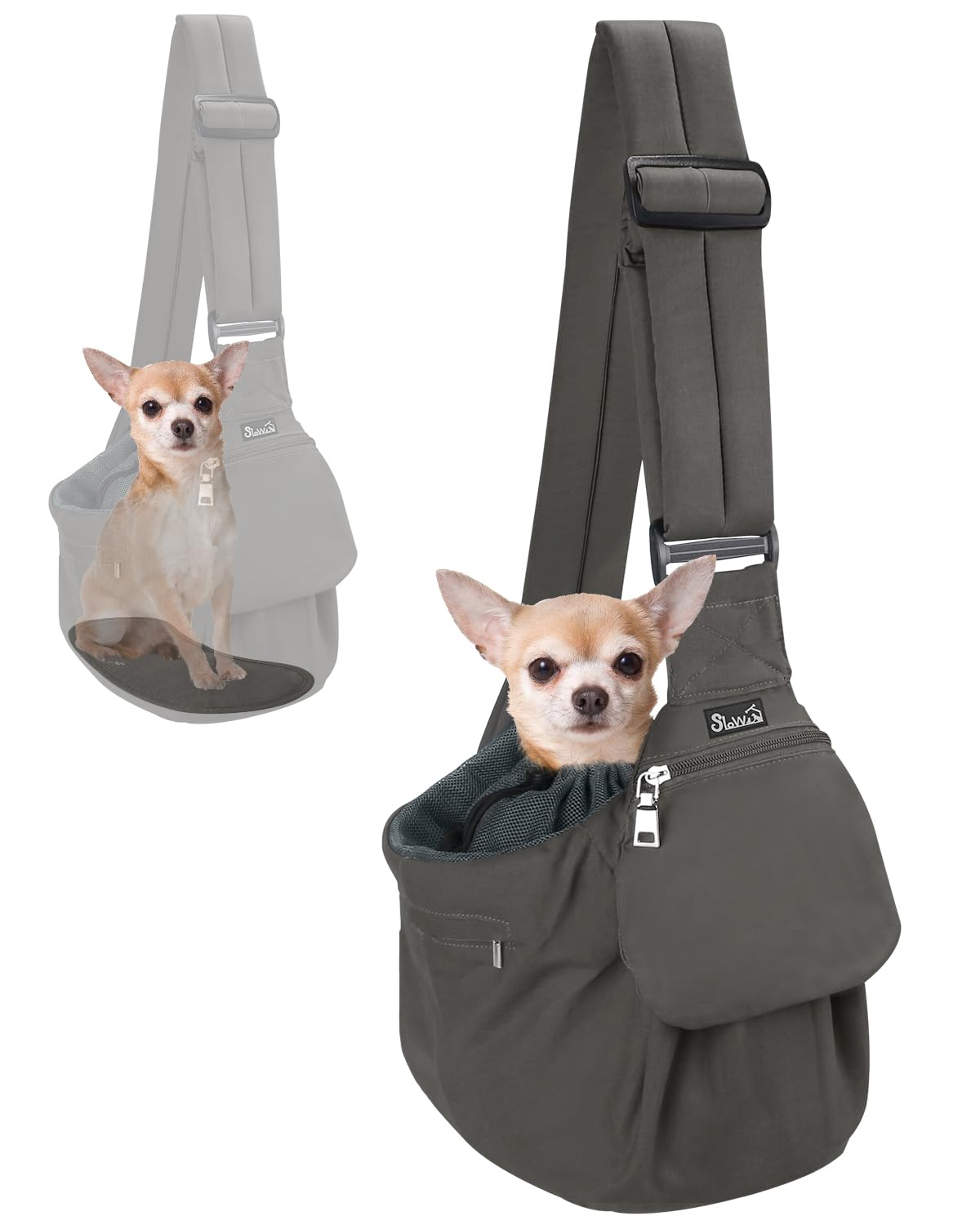 SlowTon dog carrier sling shows adjustable straps for a comfortable fit during long walks