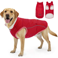 SlowTon dog coat front view in red, warmth and secure fit.