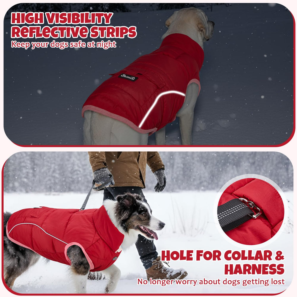 SlowTon dog coat leash hole detail in red, convenient leash connection during outdoor adventures.