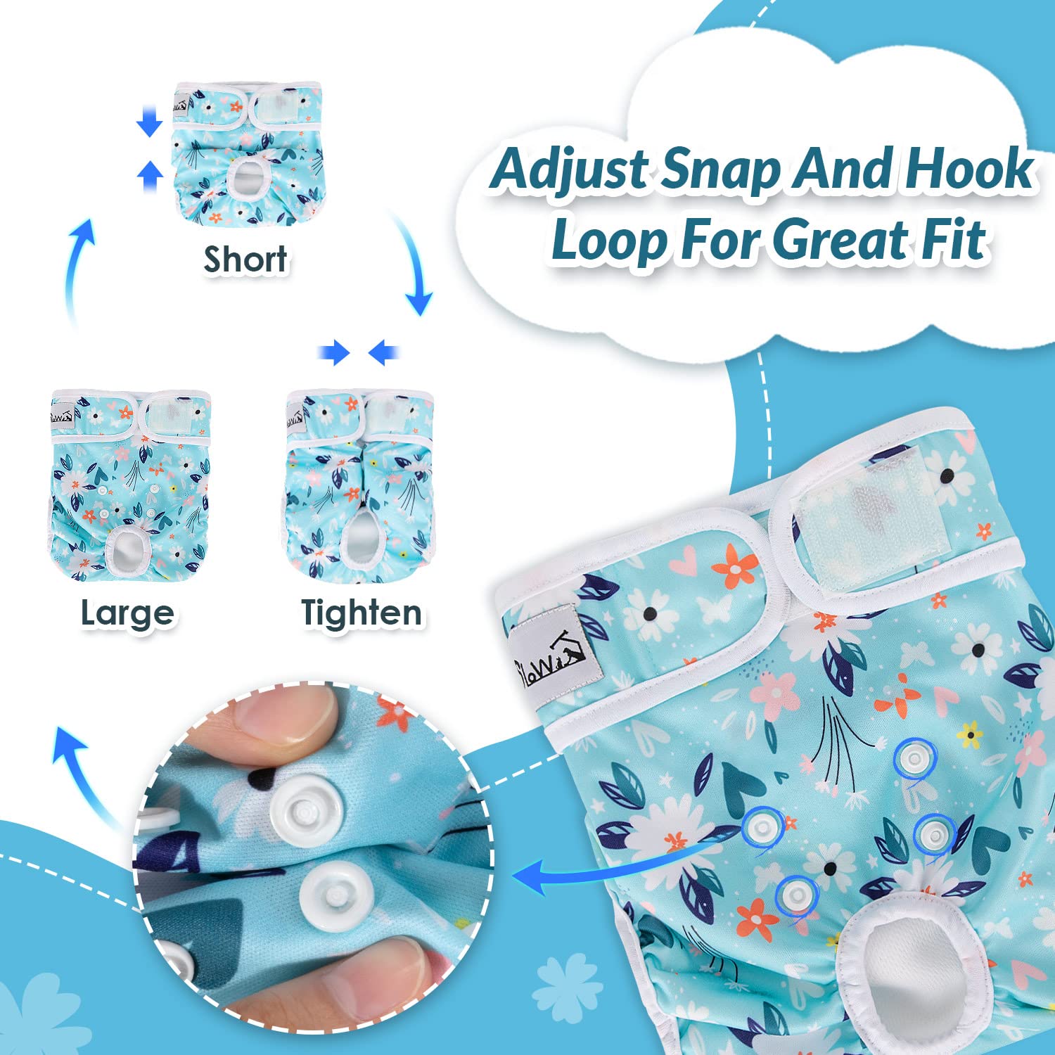SlowTon dog diapers female with adjustable buttons for a snug, customized sizing.