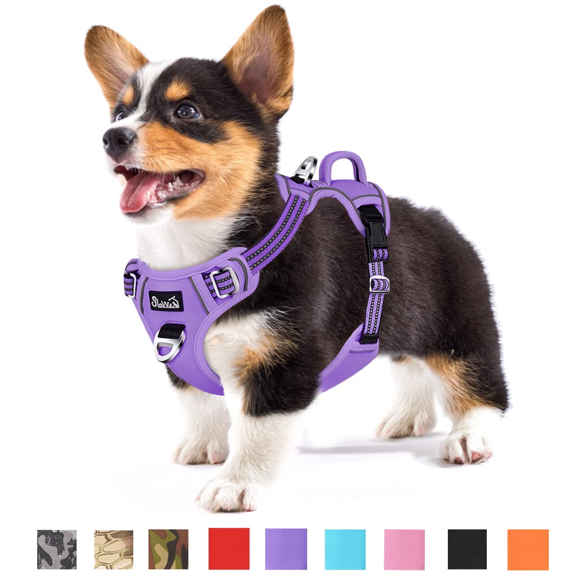 SlowTon dog harness front clip purple for no-pull control during walks.