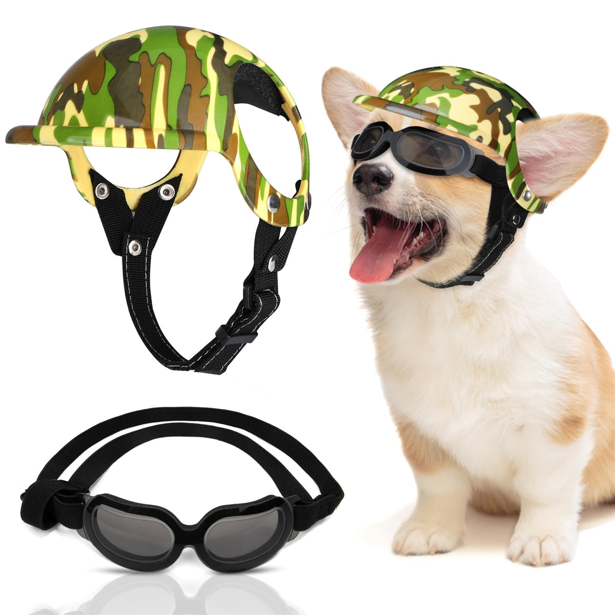 SlowTon dog helmet camouflage front view demonstrates durable ABS shell for head protection.