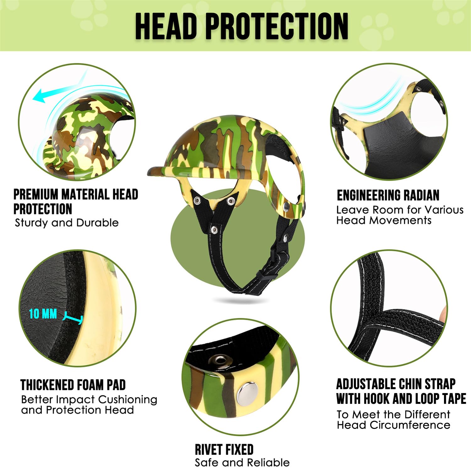 SlowTon dog helmet camouflage side view shows adjustable strap for secure, customized fit.