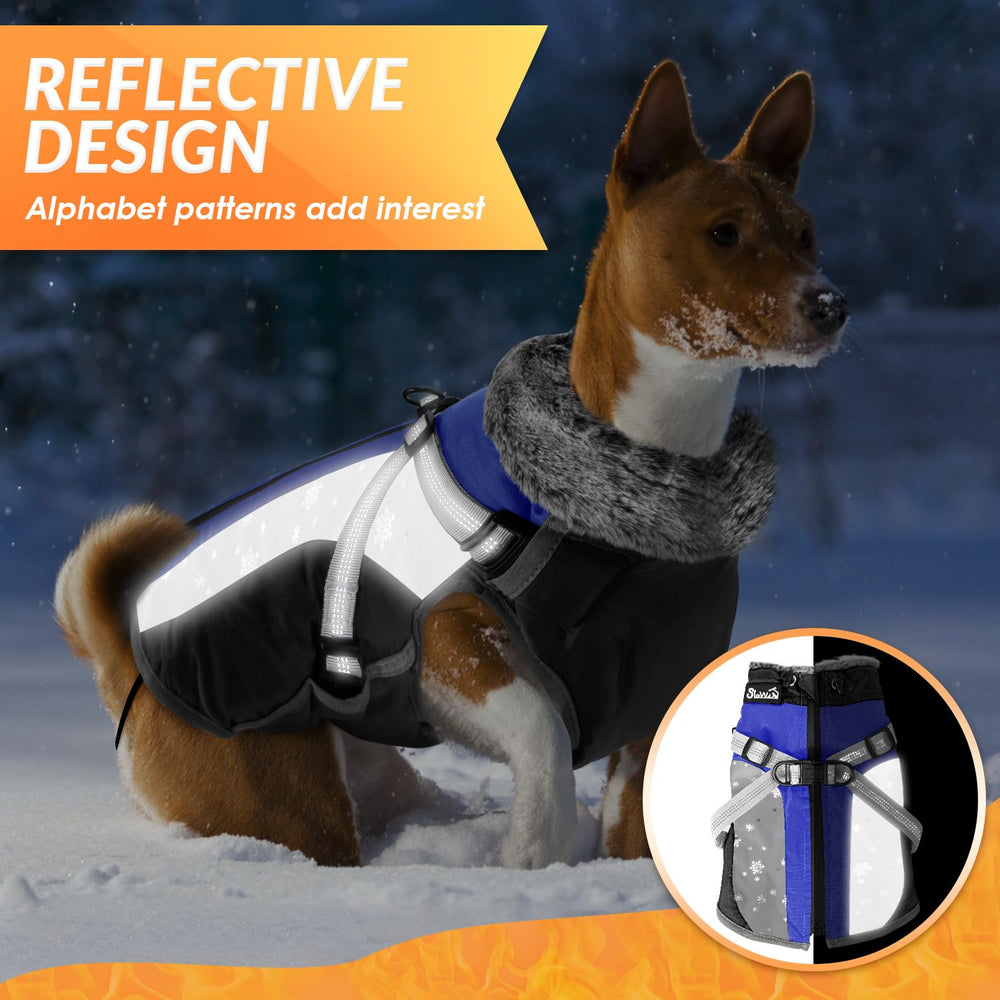 SlowTon dog jacket blue back-view shows folded safety features and easy layering.