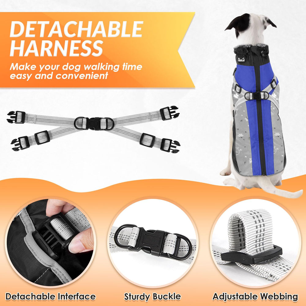 SlowTon dog jacket blue detachable harness design allows optional leash use.