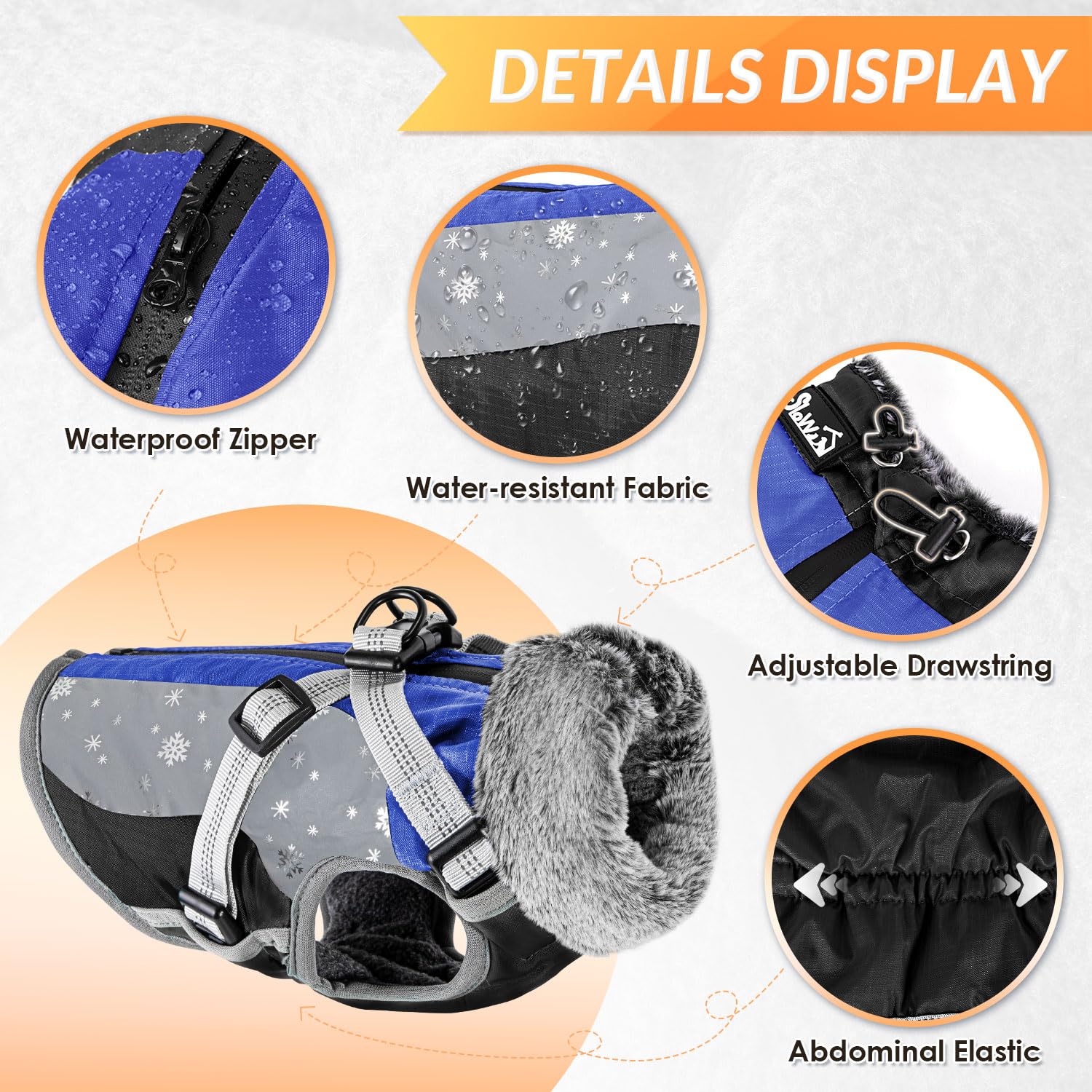 SlowTon dog jacket blue waterproof back zipper enables quick on/off dressing.