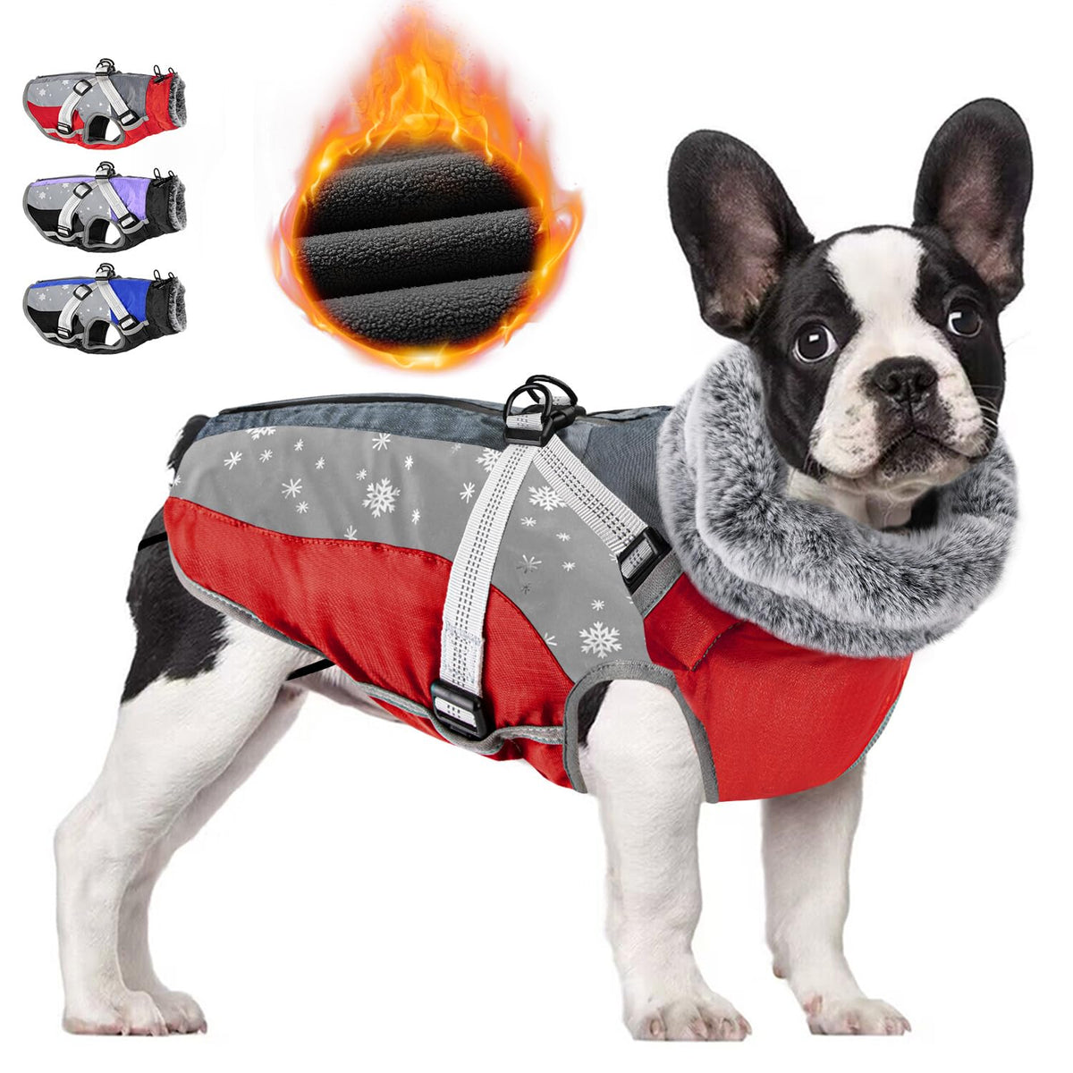 SlowTon dog jacket with harness built-in and waterproof fleece for outdoors.