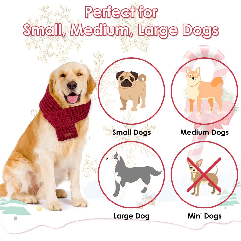 SlowTon dog knitted scarf size montage shows fit options for dogs