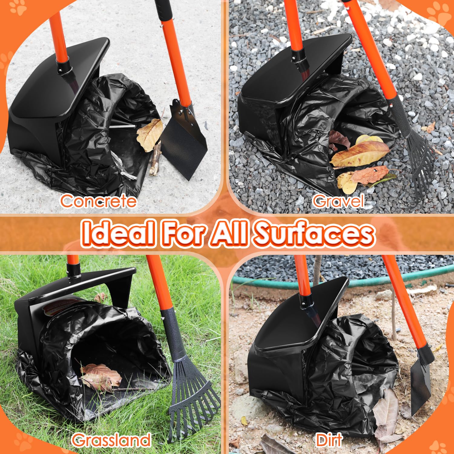SlowTon pooper-scooper-rake captures waste efficiently on uneven surfaces.