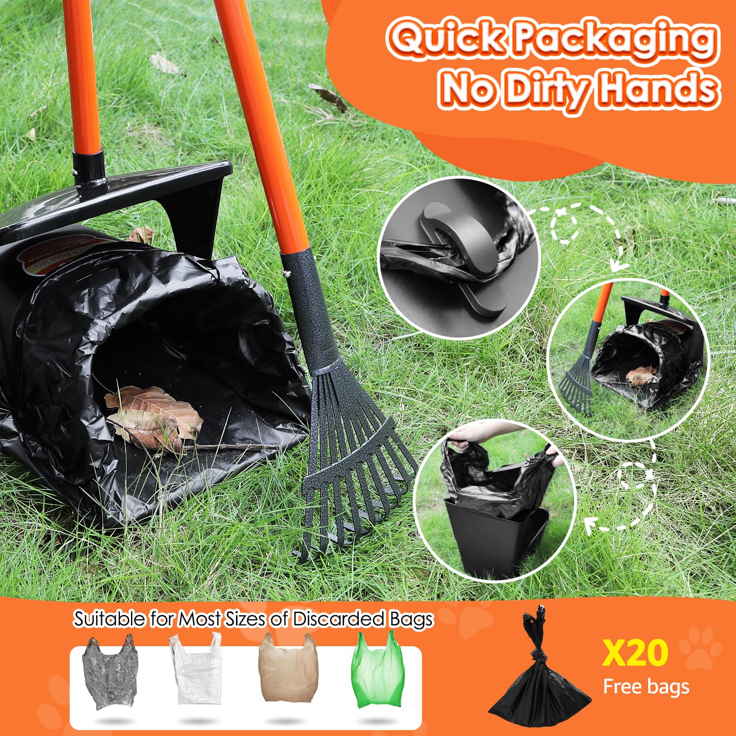 SlowTon pooper-scooper-spade reaches tight corners for thorough pickup.