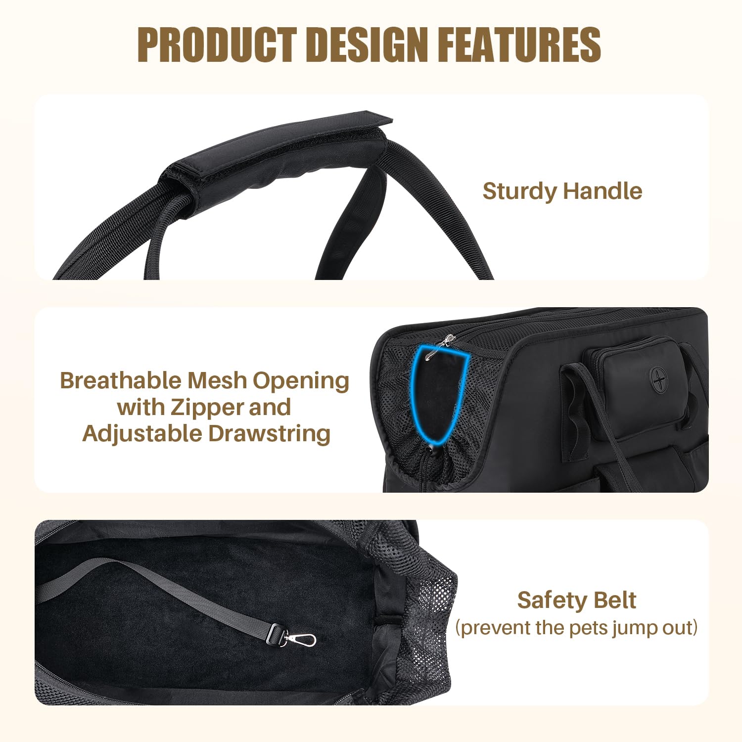 SlowTon dog purse carrier safety-leash-inside — interior leash keeps pets secure