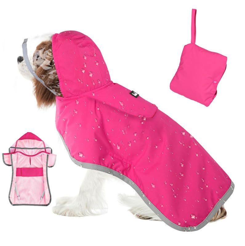 SlowTon dog raincoat back view shows adjustable straps for a secure fit in wet weather.