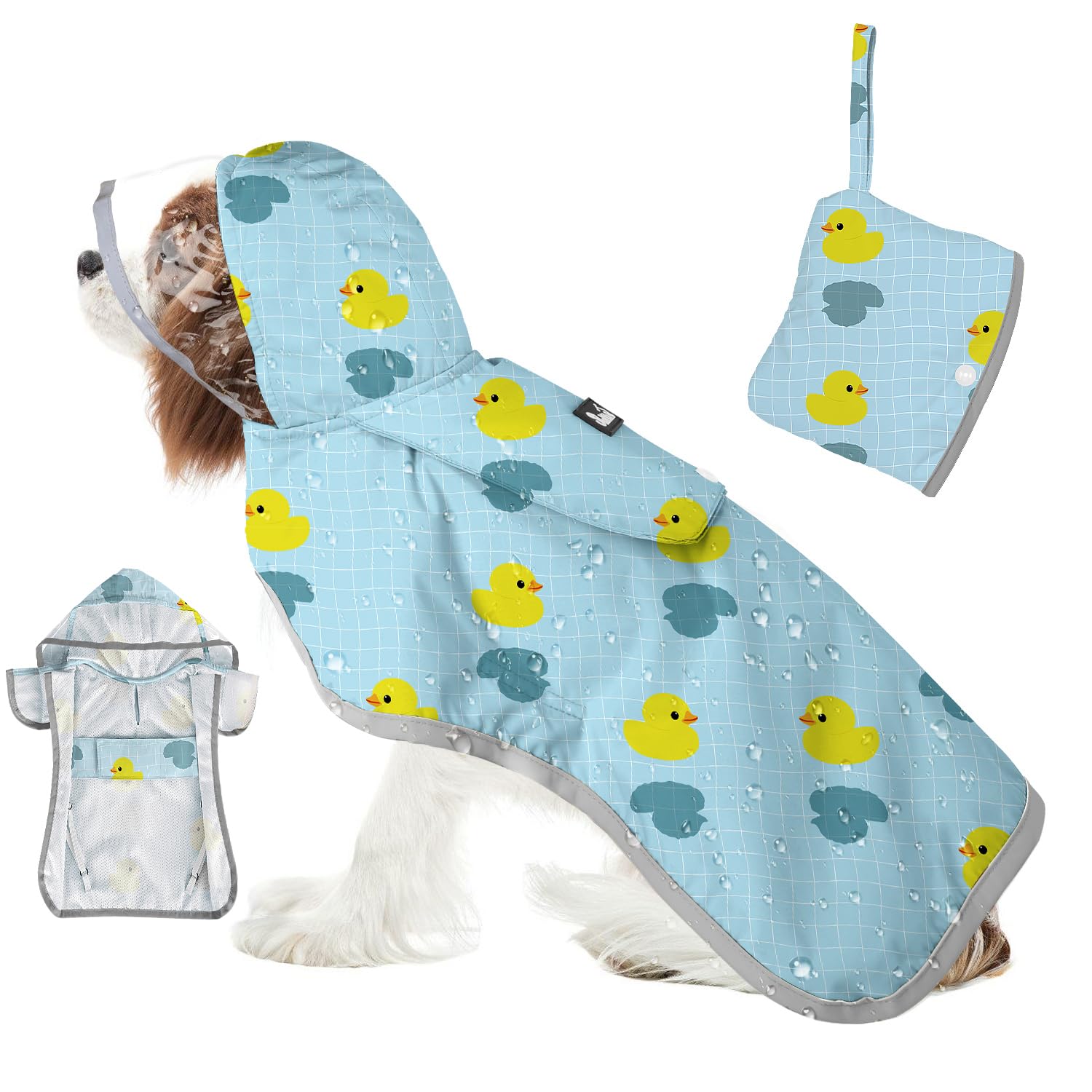 SlowTon dog raincoat back view shows all-weather protection for daily walks