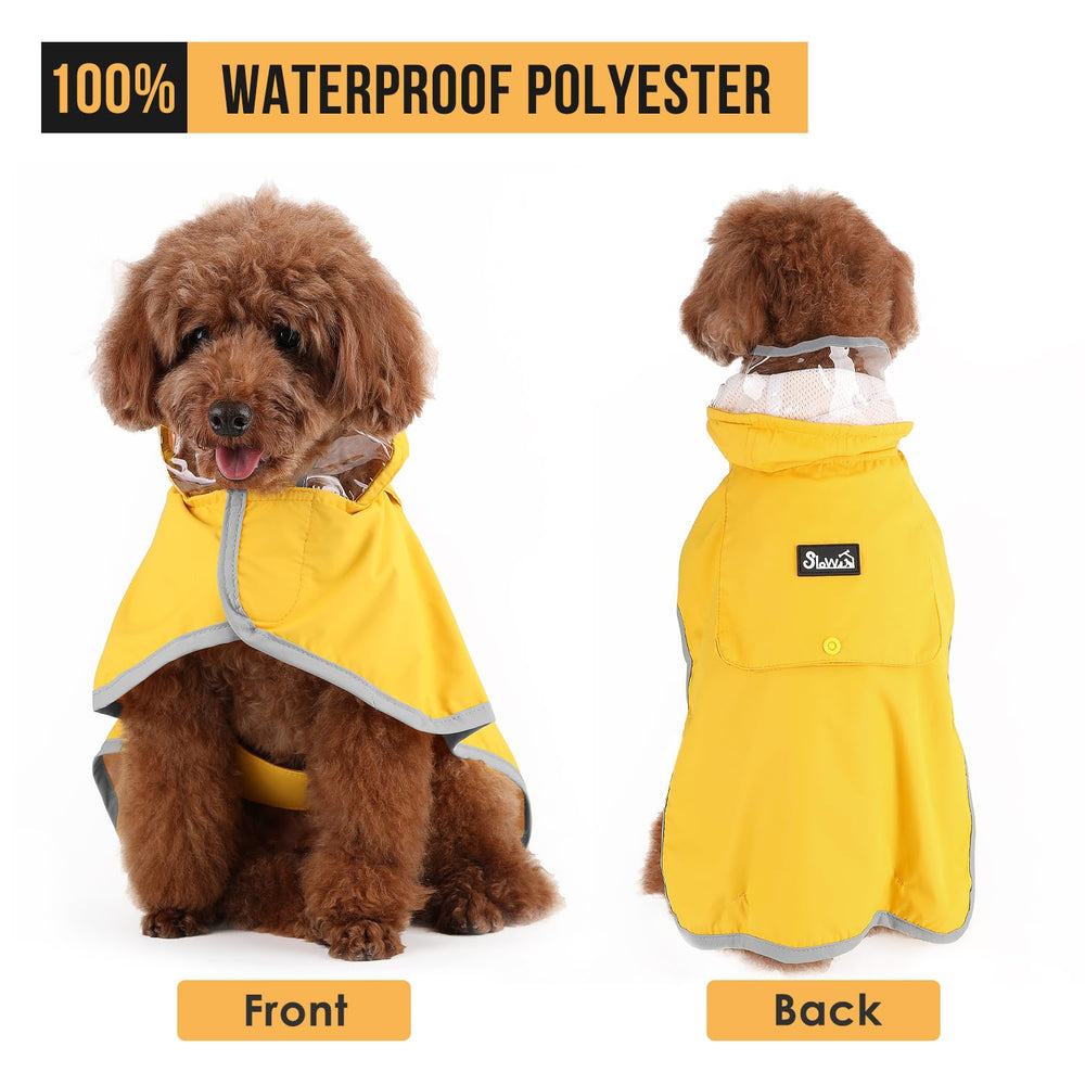 SlowTon dog raincoat clear hood demonstrates unobstructed visibility during rain.