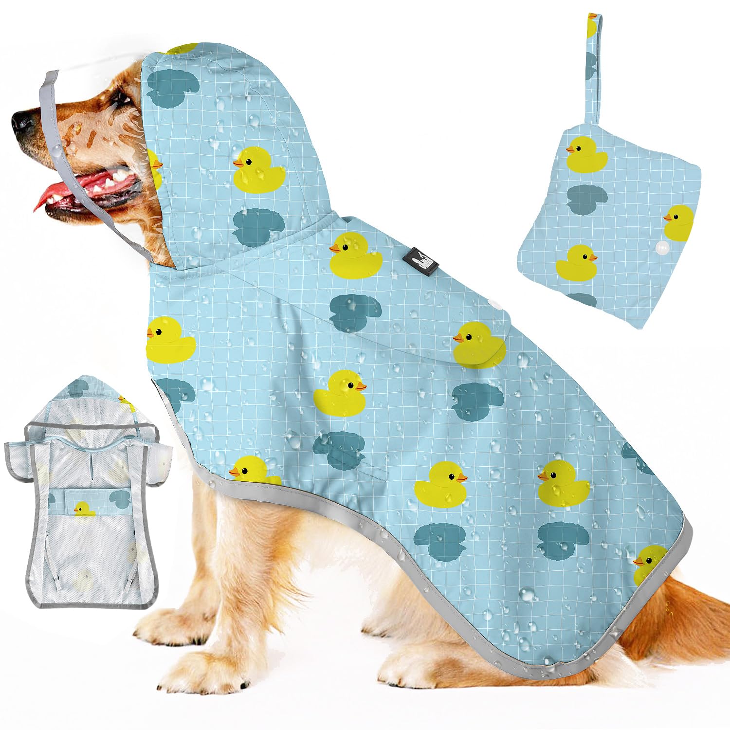 SlowTon dog raincoat front view with clear hood for visibility
