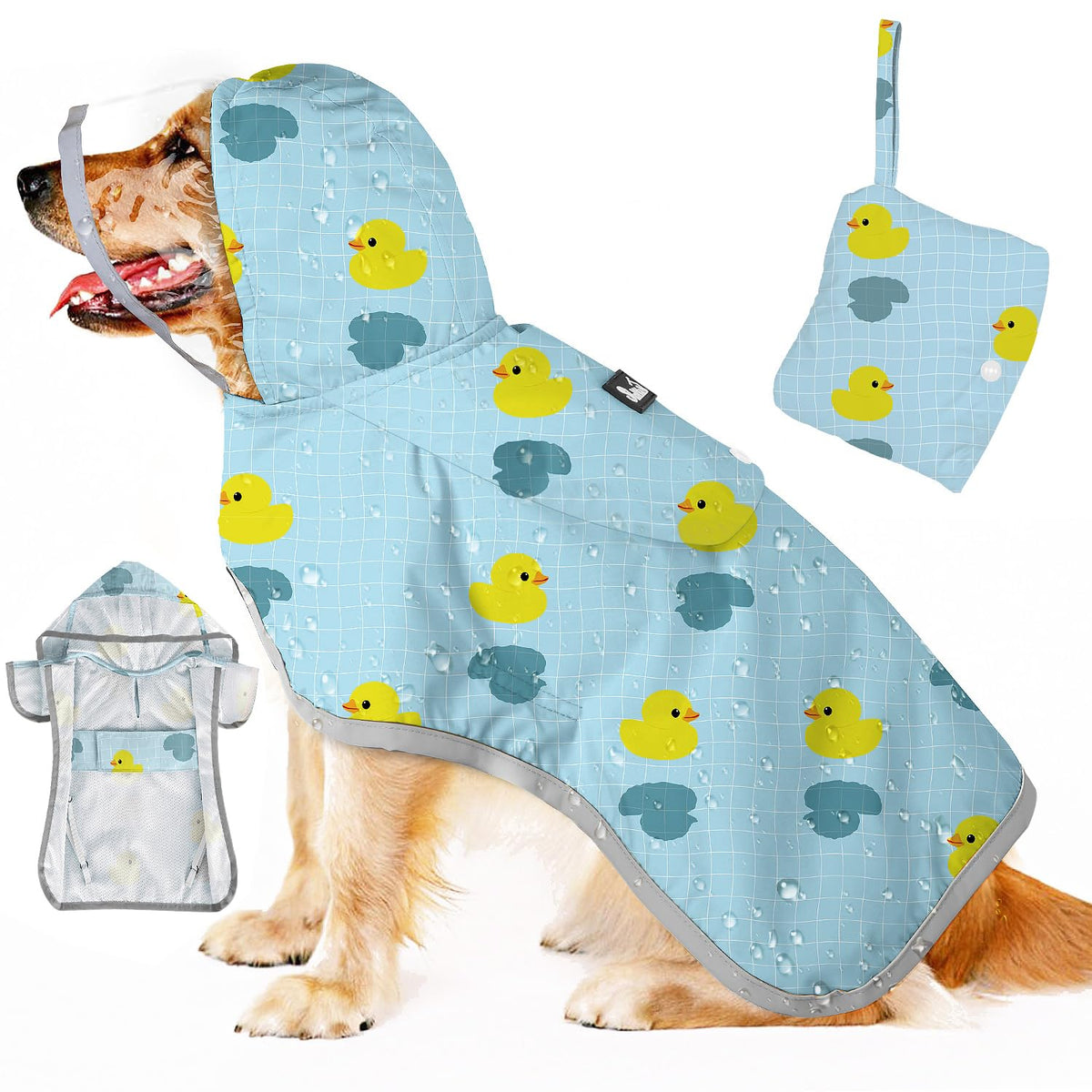 SlowTon dog raincoat front view with clear hood for visibility