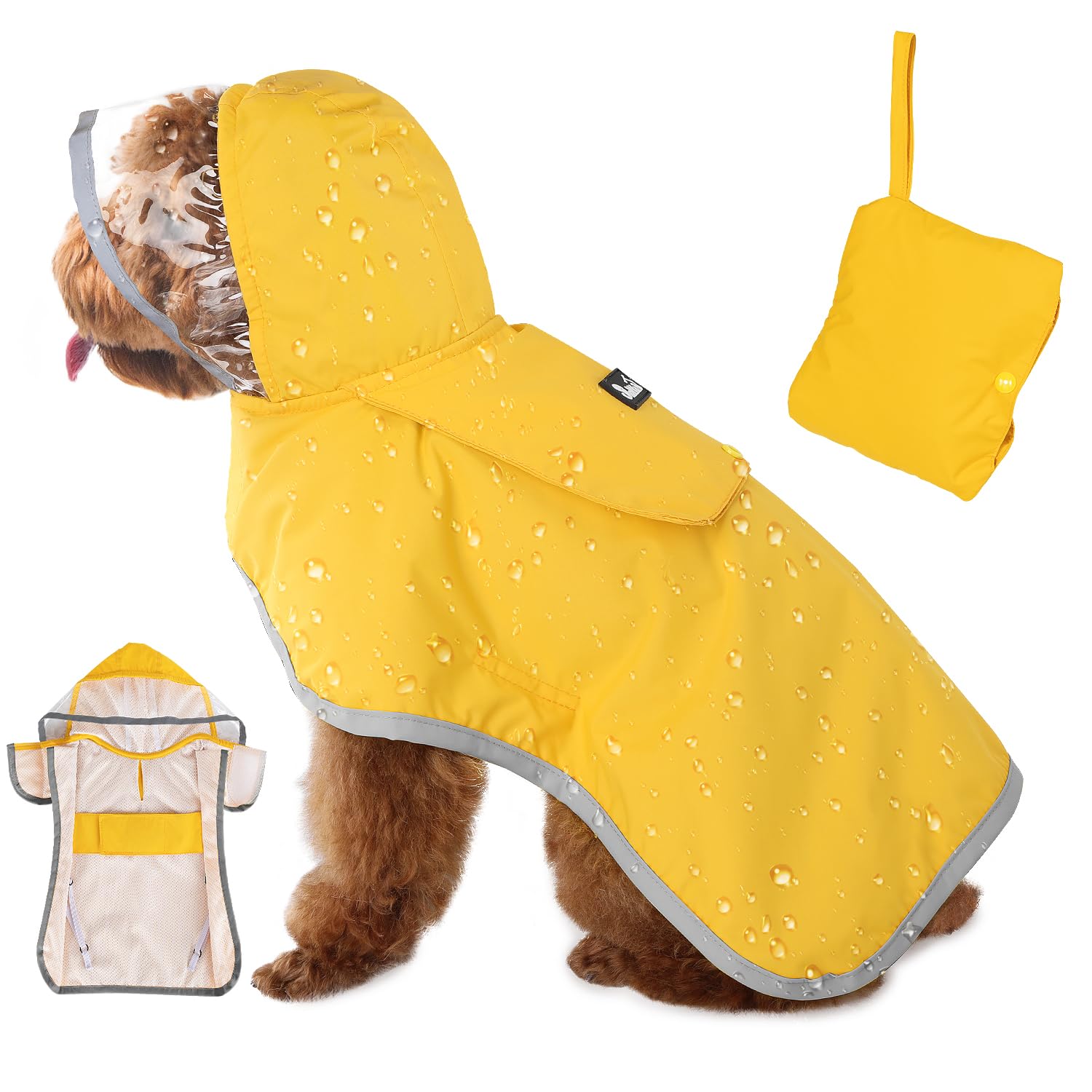 SlowTon dog raincoat front view showing waterproof protection for rainy walks.