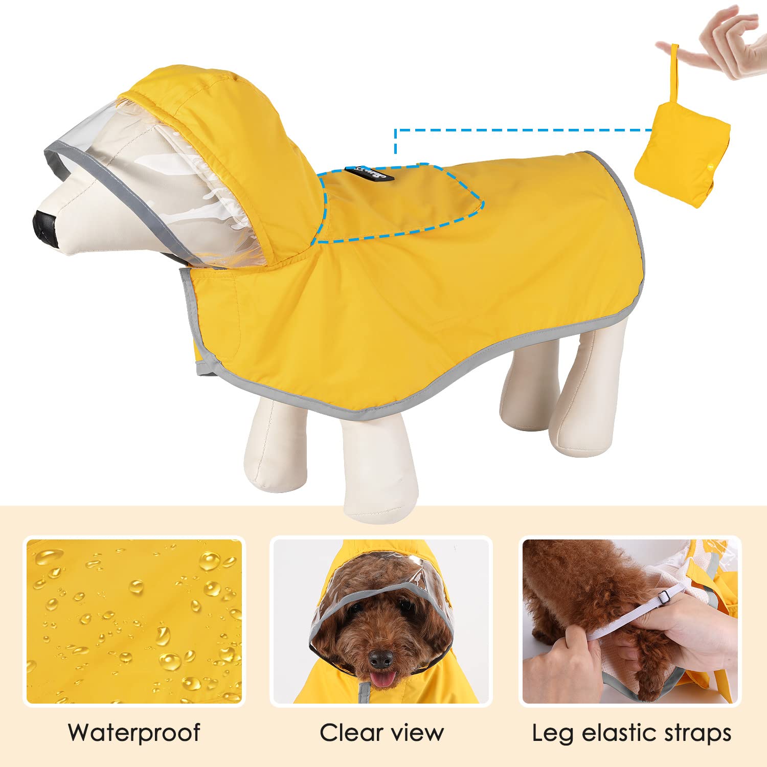 SlowTon dog raincoat leash hole back view enables secure leash attachment.