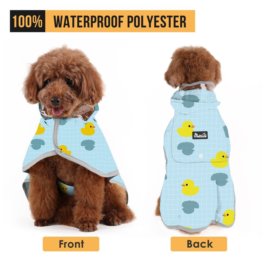 SlowTon raincoat shows pocket and leash hole for travel-friendly storage during walks.
