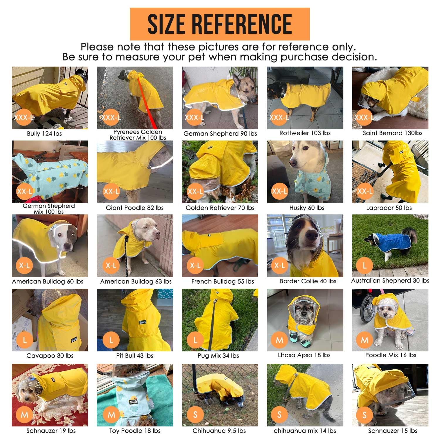 SlowTon dog raincoat size chart helps find the perfect fit