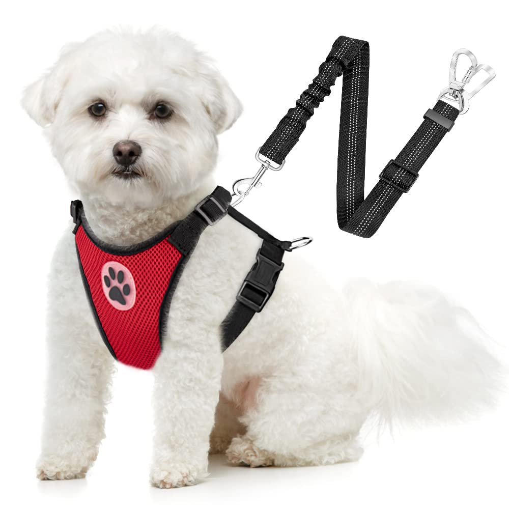 SlowTon dog seat belt harness red front view; double clip enhances secure travel.