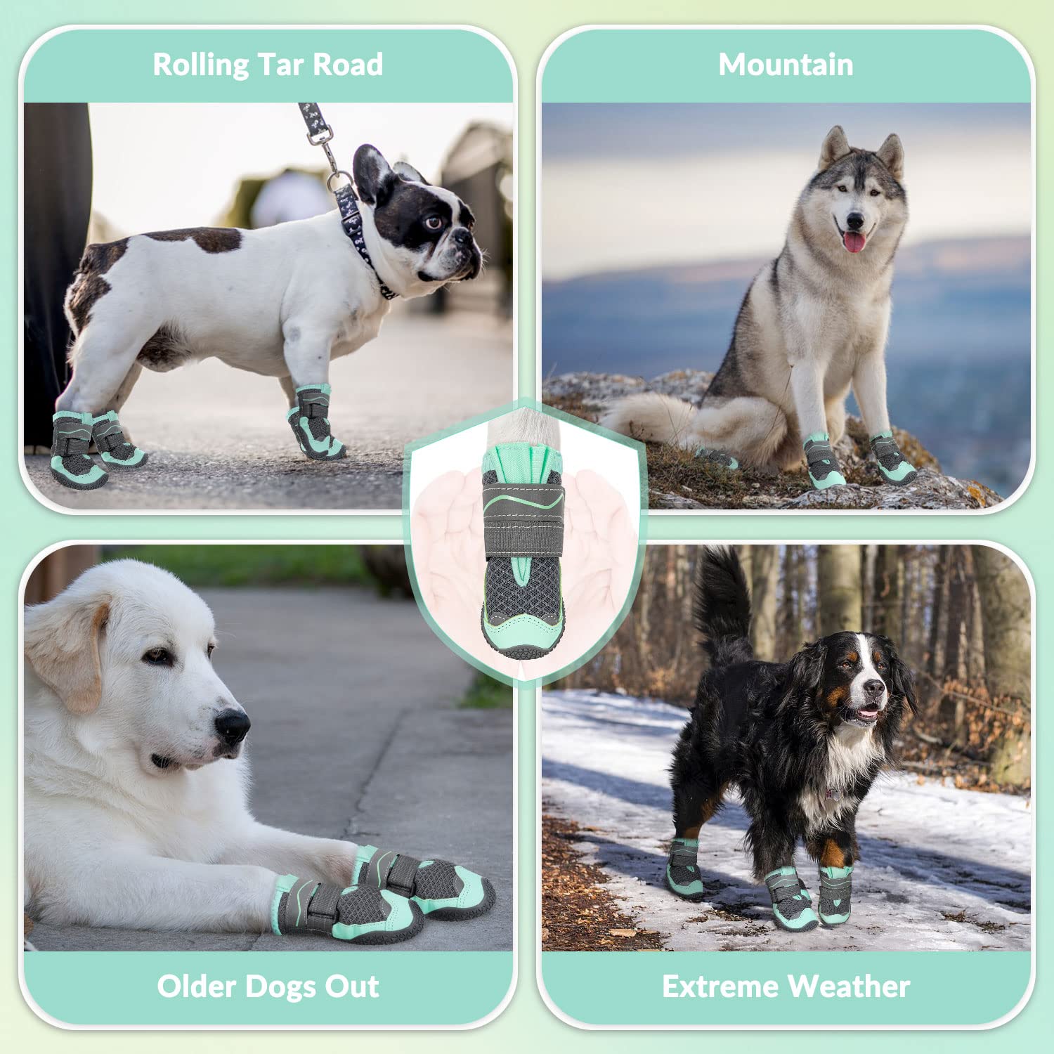 SlowTon dog shoes care guide shows folding-in softness and maintenance tips.