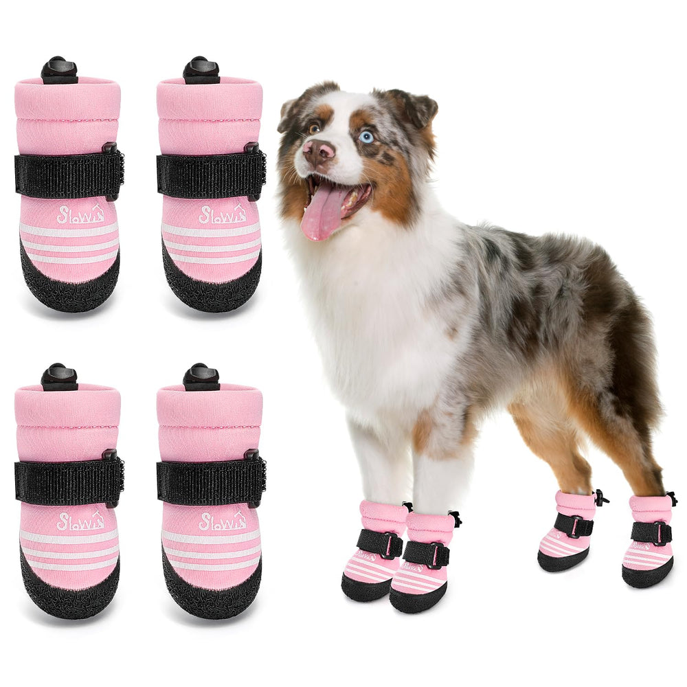 SlowTon dog shoes pink, front view showing soft neoprene comfort for indoor protection.