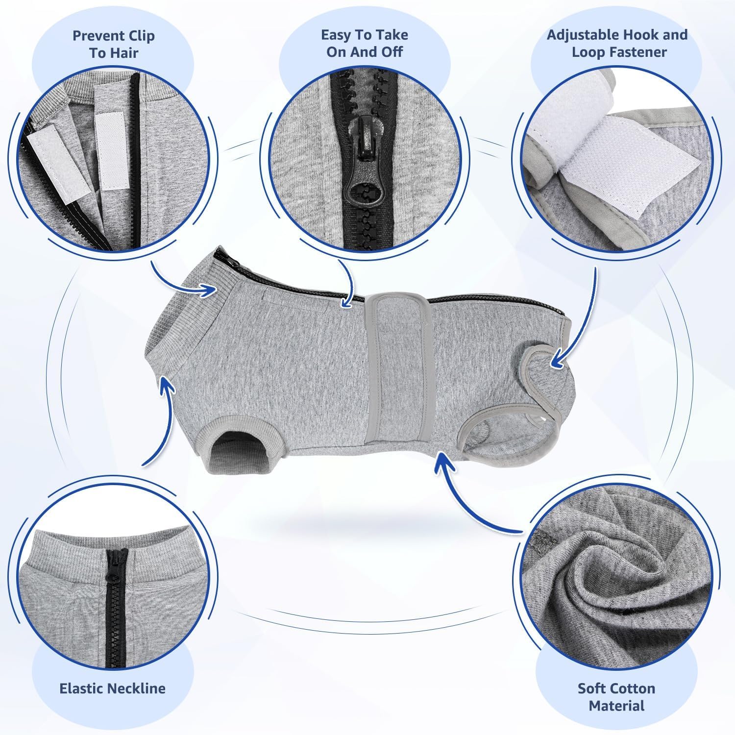 SlowTon gray recovery suit lowers dog anxiety with breathable, comfortable fit.