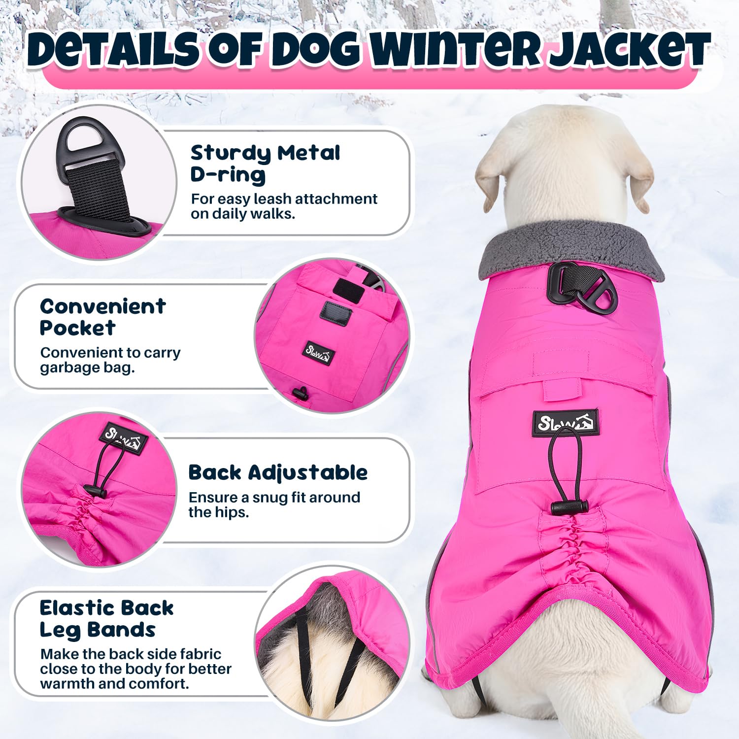 SlowTon dog winter coat D-ring leash attachment adds secure control outdoors