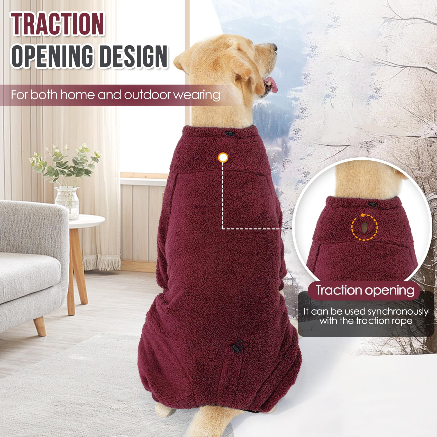 SlowTon dog winter coat traction rope hole supports leash use without removing
