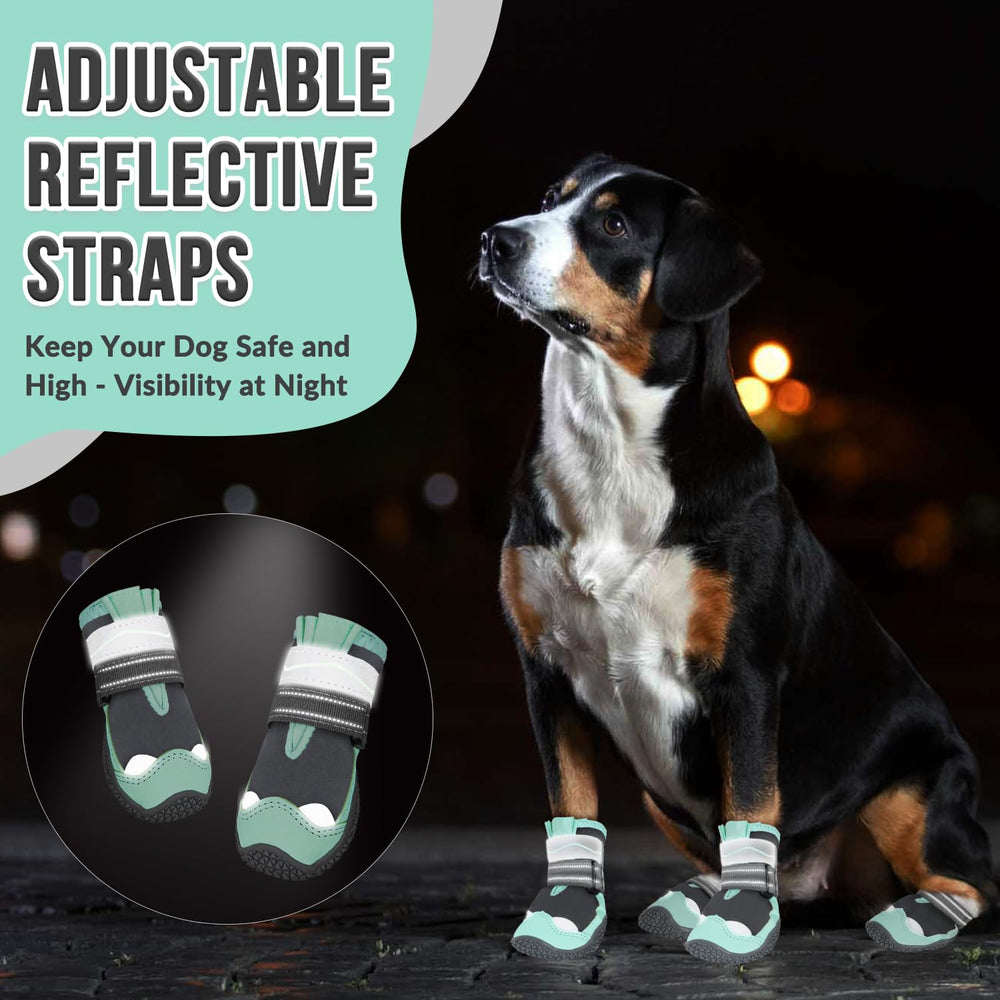 SlowTon green dog shoes on hardwood floor demonstrate grip and protection