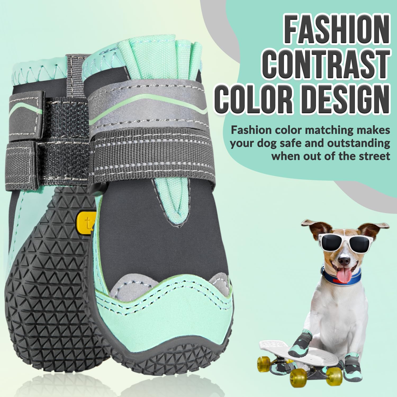 SlowTon green dog shoes paw-fit closeup demonstrates snug, secure wear