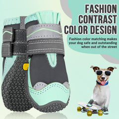 SlowTon green dog shoes paw-fit closeup demonstrates snug, secure wear