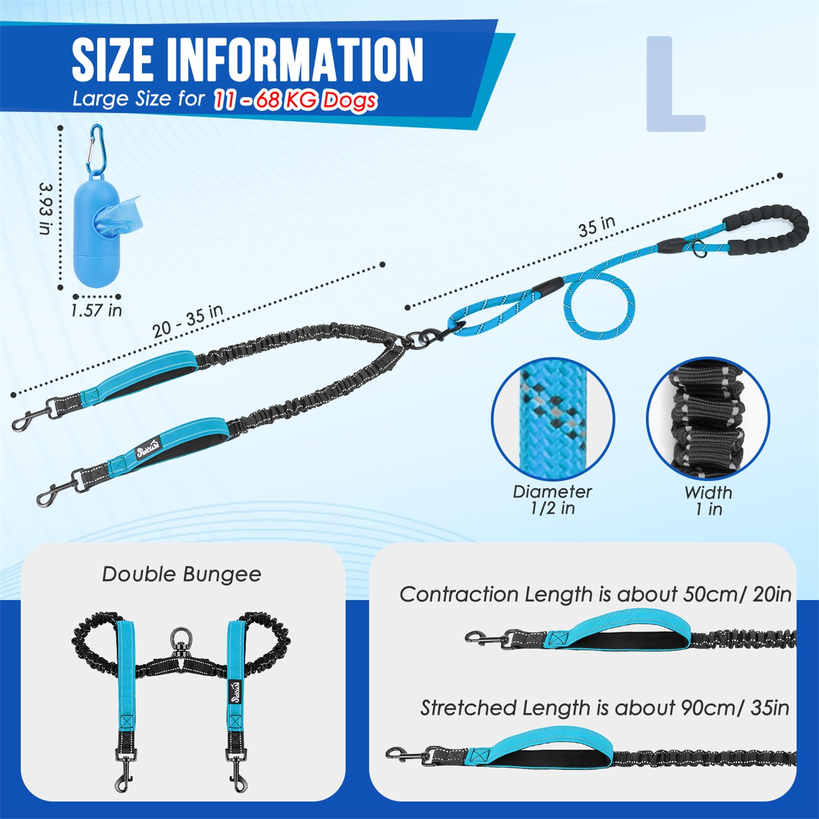 SlowTon padded-handles blue leash offers comfortable grip on long strolls.