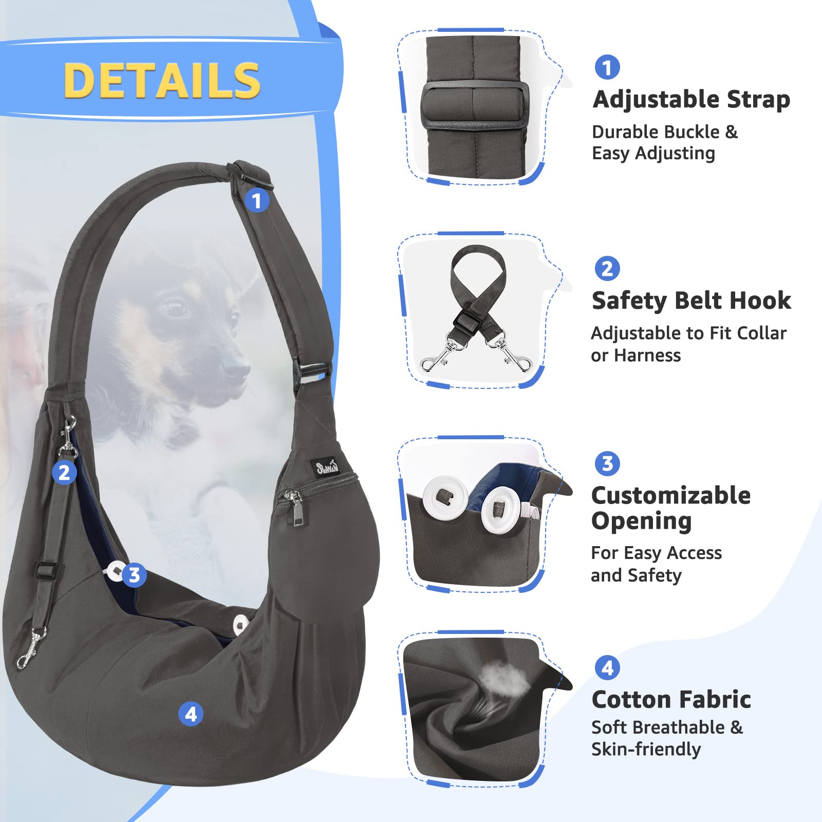 SlowTon pet sling safety hook front opening secures small pets during outings.