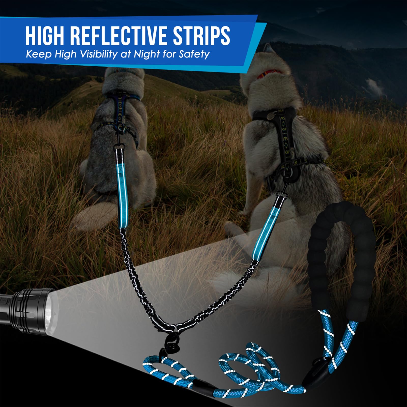 SlowTon shock absorbing bungee provides gentle give for sudden dog movements.