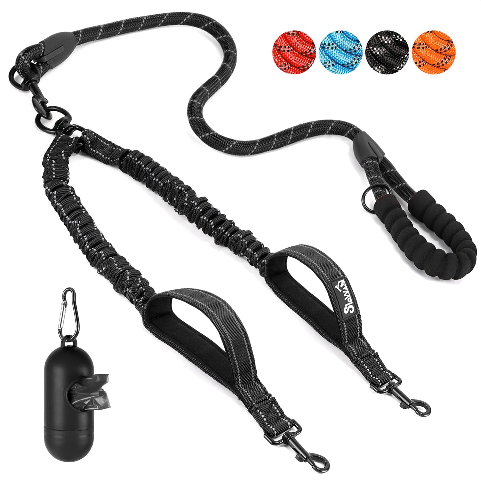 SlowTon double leash with two dogs and 360° swivel prevents tangles on busy walks.