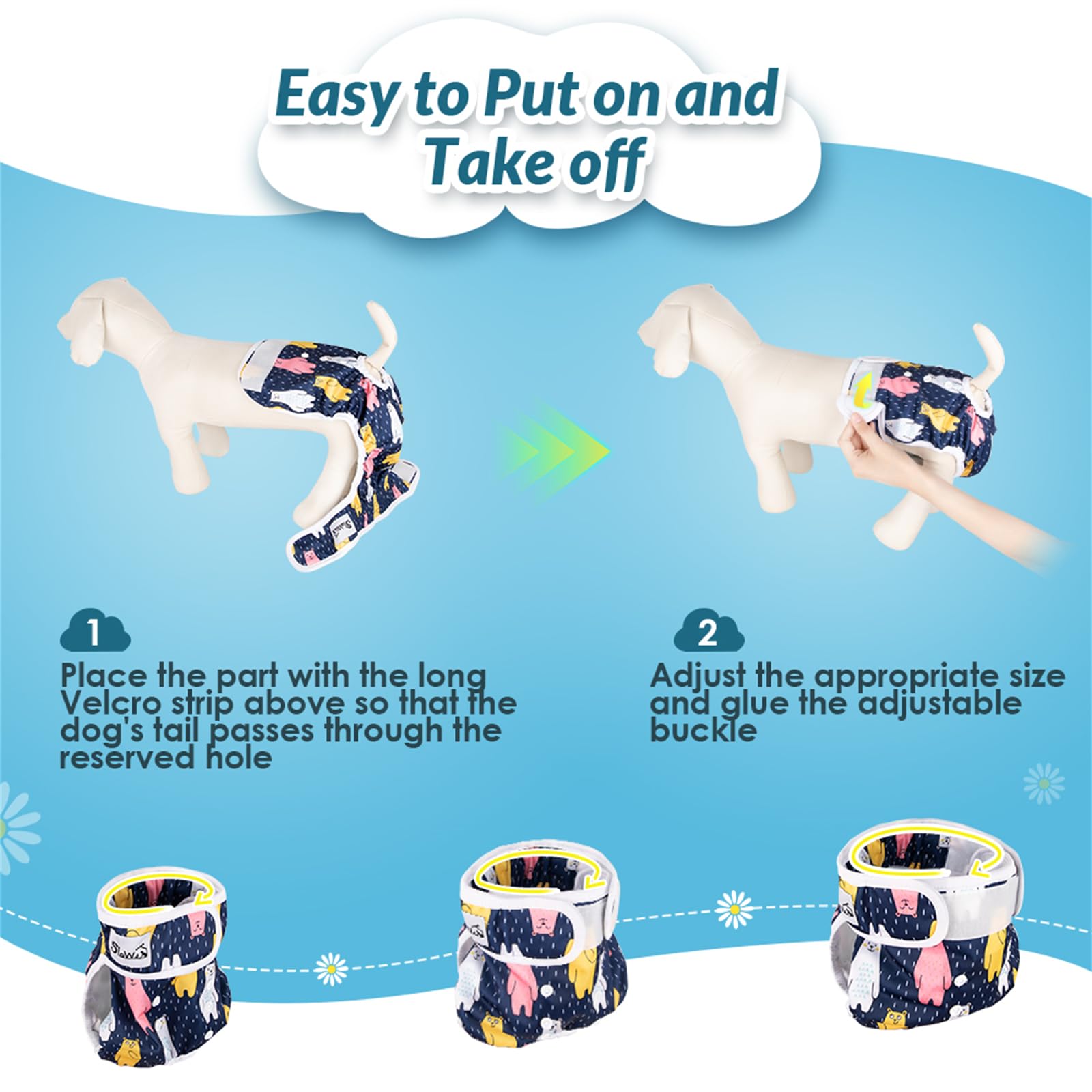 SlowTon washable dog diaper female elastic leg openings keep diaper in place during activity.