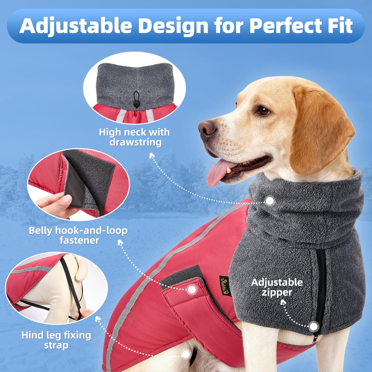 SlowTon Winter Dog Coat with scarf-up mode for extra neck protection