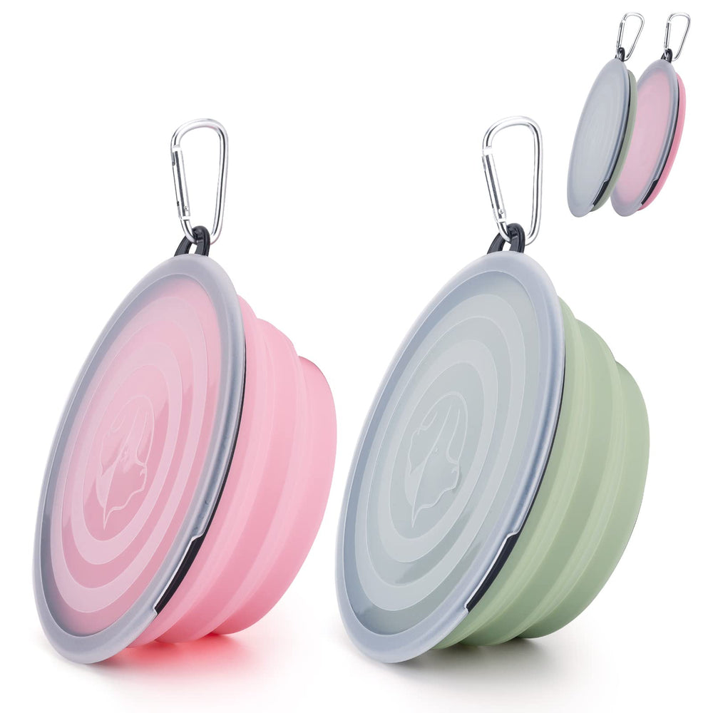 SLSON collapsible dog bowl with fairy pink cover ready for travel and dust protection.