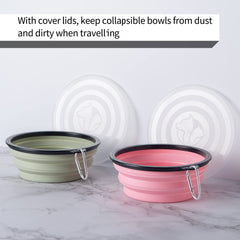 SLSON collapsible dog bowl with sprout green cover for outdoors and spill-free meals.