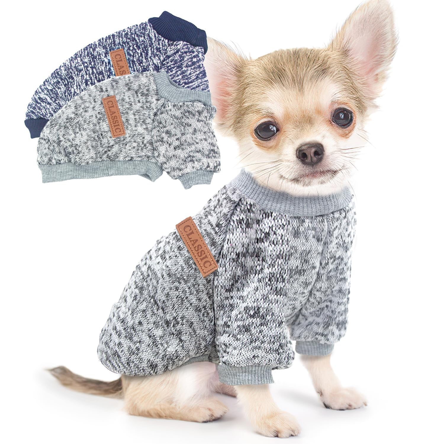 Small-dog-sweater-set-two-grey-navy model wearing cozy knit for winter warmth