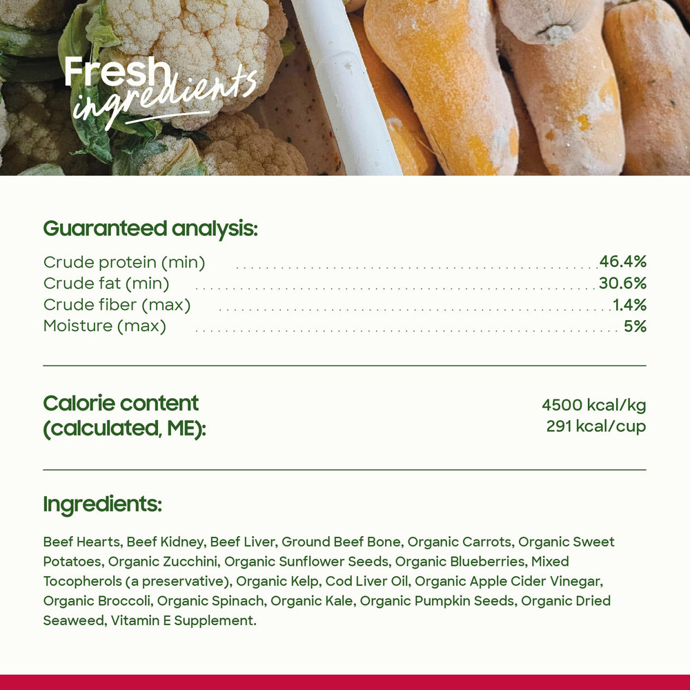 Smallbatch Pets organic produce image — carrots, kale, and blueberries support digestion and antioxidants.