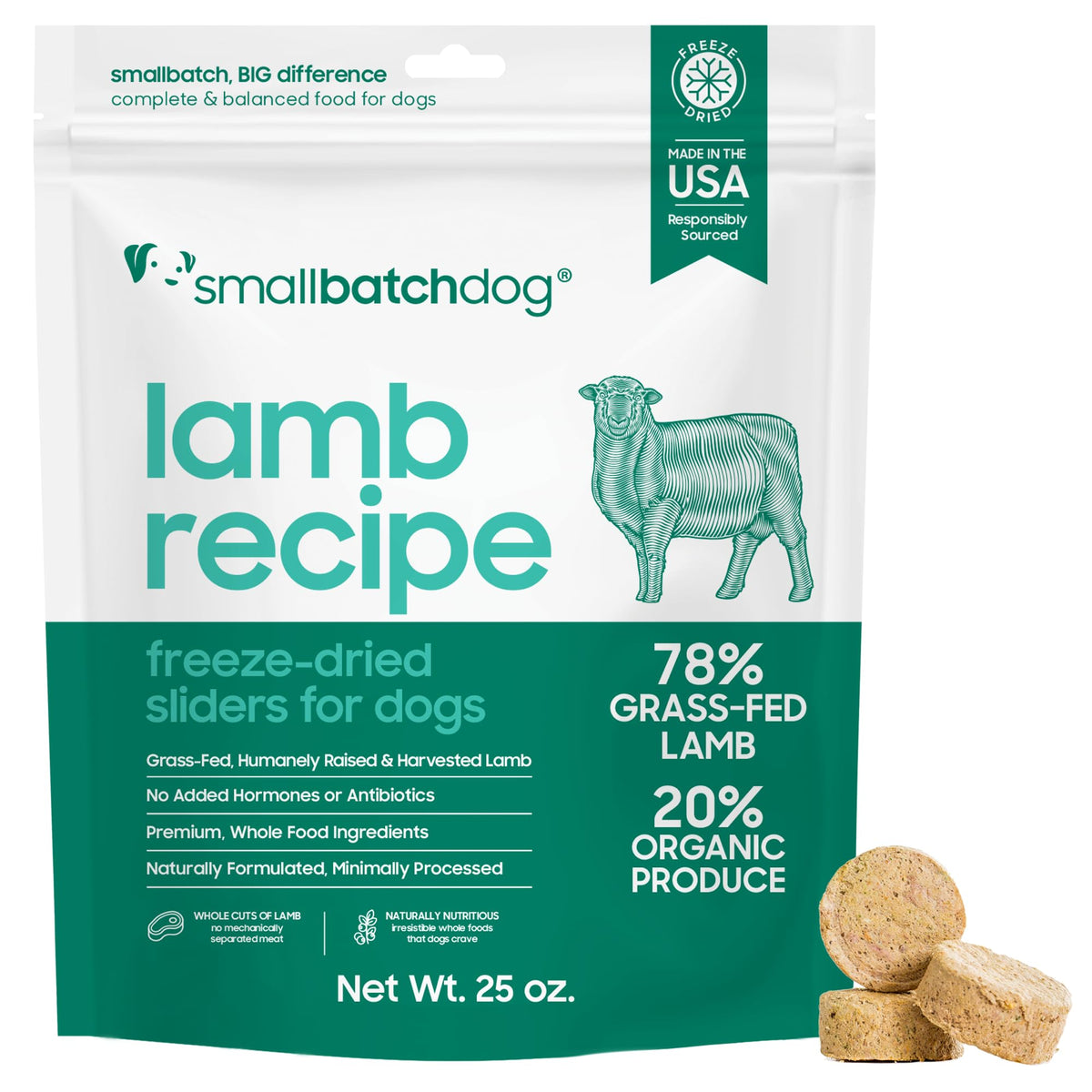 Smallbatch Pets freeze-dried lamb chunks in 25oz bag for a protein-rich meal
